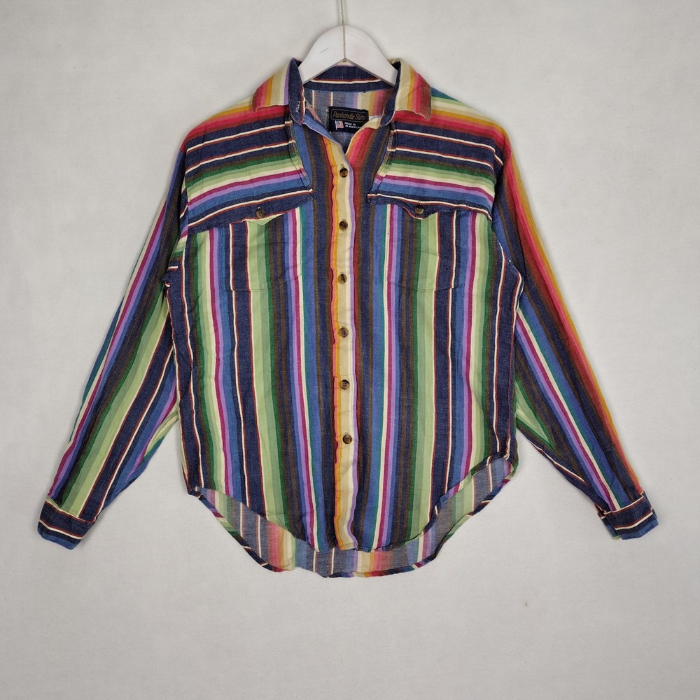 Panhandle Slim Womens Small Western Shirt Multi Color Striped Long Sleeve Button